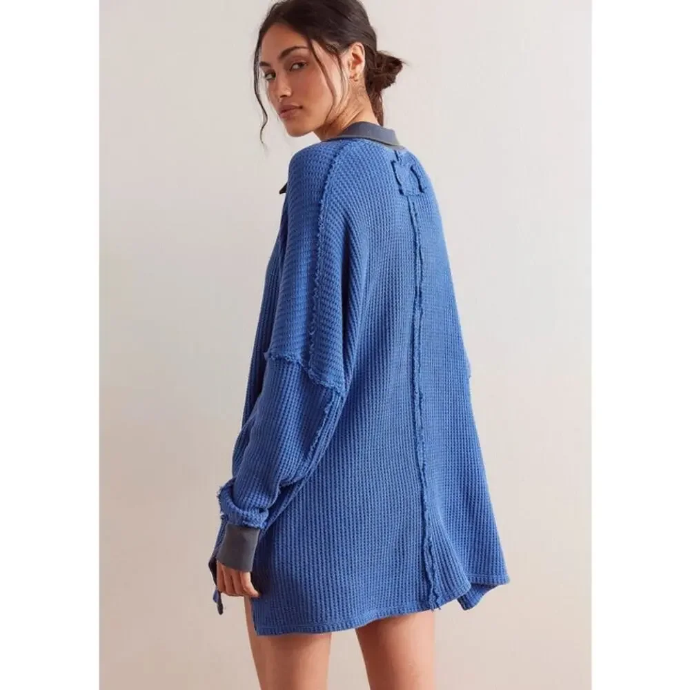 Free People Women's Travis Waffle Knit Polo Sweater Blue Size S NWOT